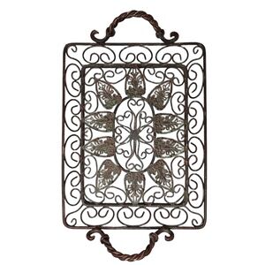 Farmhouse Cottagecore Metal Filigree Serving Tray Rectangular Twisted Handle